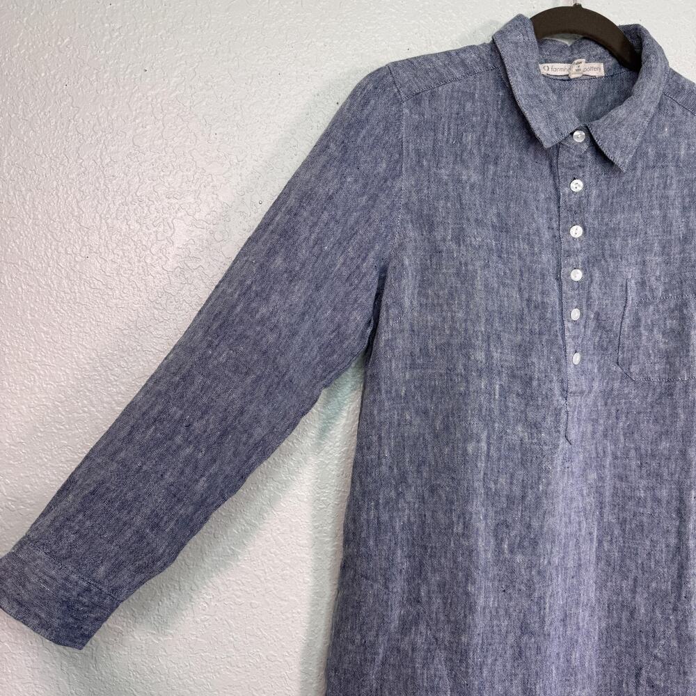 Farmhouse Pottery Dress Womens Small Linen Collared ShirtDress Pockets Blue - Picture 8 of 12